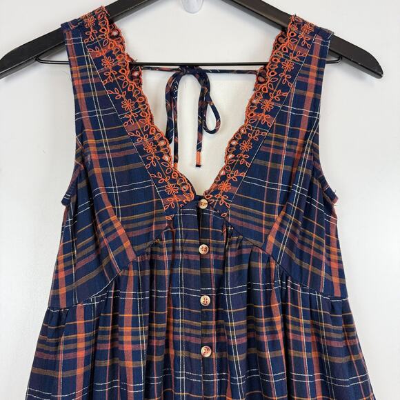Anthropologie Midi Eyelet Plaid Plaid Navy Blue Orange Dress - 2XS XXS - Picture 2 of 10
